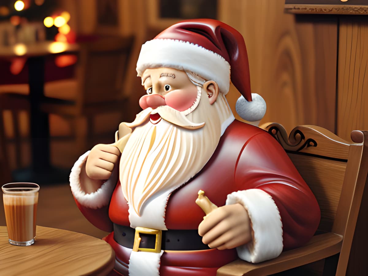 Weihnachtsmann sitzt im Café, KI-Bild